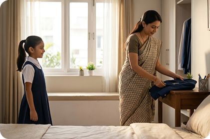 Mother preparing uniform – Parent convenience